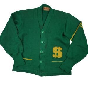 True Vintage Dehen Collegiate Letterman Dollar Sign Patch Knit Wool Sweater